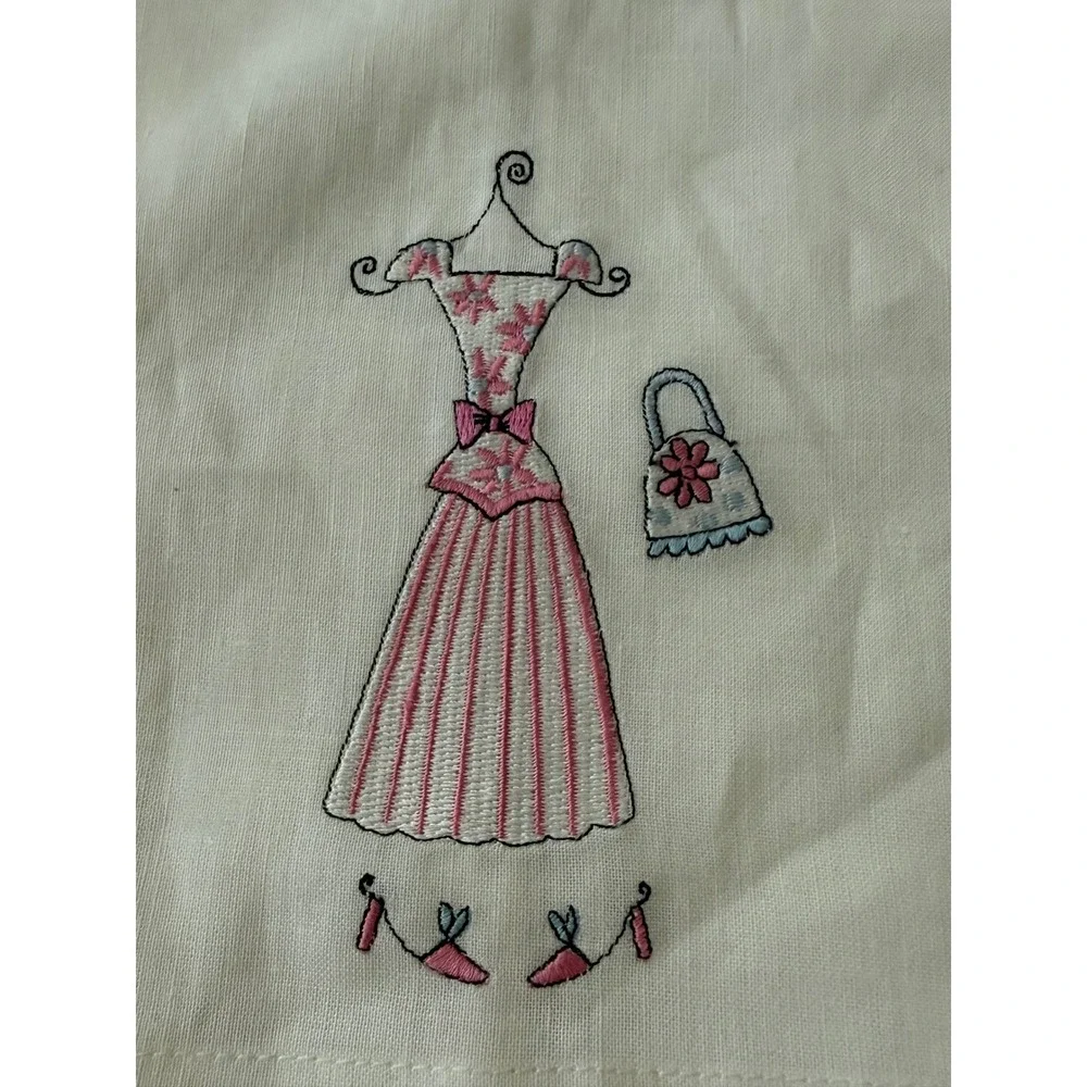 Vintage Style Embroidered Dress Tea Towels Set of 2 Pink Blue Polka Dot Linen